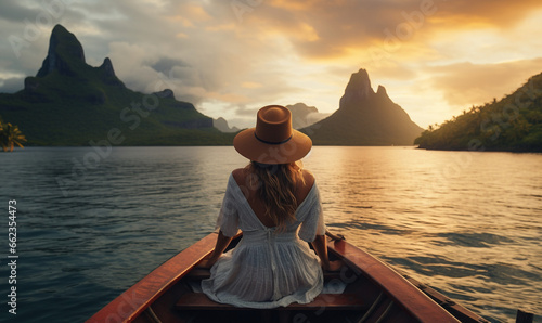 The back view of a young female traveler rowing in a lake, igniting wanderlust , travel concept © JQM
