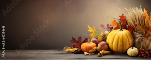 A banner background symbolizing the autumn harvest with pumpkins  wheat  and maple leaves