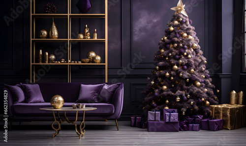 Modern, luxurious, minimalistic indoor Christmas decor with purple and gold tones