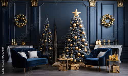 Modern, luxurious, minimalistic indoor Christmas decor with gold and deep blue tones photo