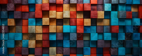 Colorful cubic wooden texture, wood cube background, checkered wooden texture, banner