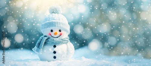 Closeup of cute funny laughing snowman, Generative AI. © Nadejda