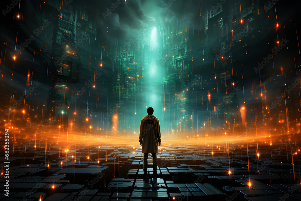 a person inside a fantasy setting with lights, generative AI a person inside a fantasy setting with lights, generative AI