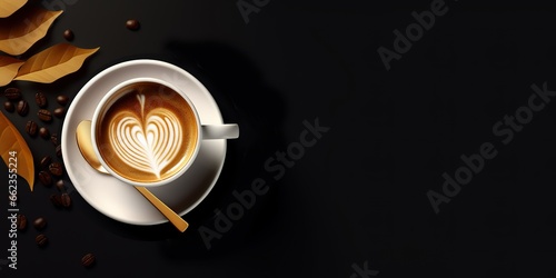 a cup of latte art coffee on a black table decorated with gold leaf. generative AI