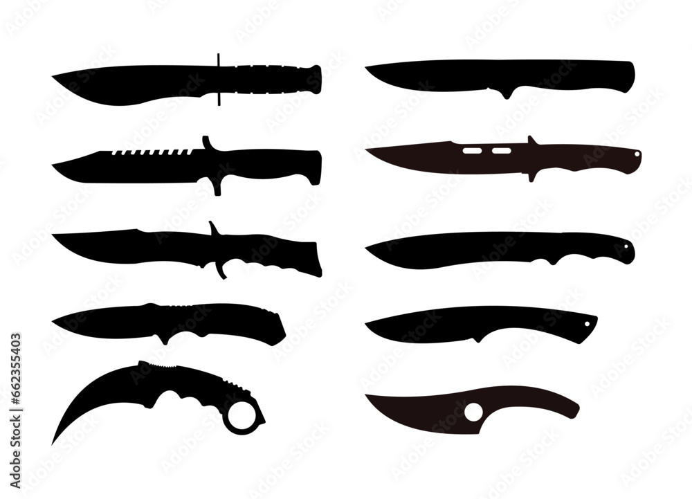 Set of nife silhouette. Military knife, tactical knife, hunting knife - vector illustration - obrazy, fototapety, plakaty 