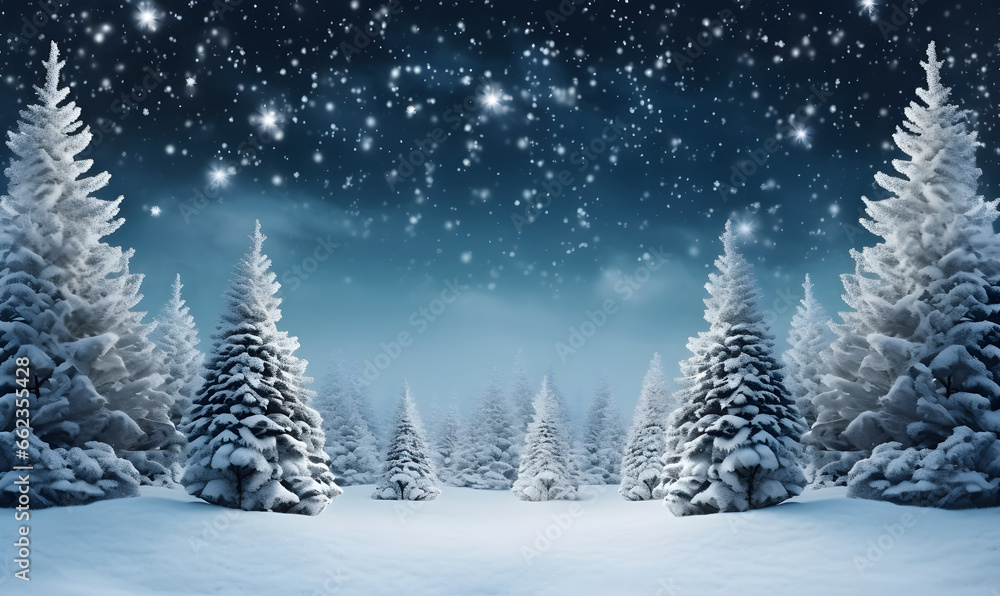 A snowy Christmas background featuring a Christmas tree, banner