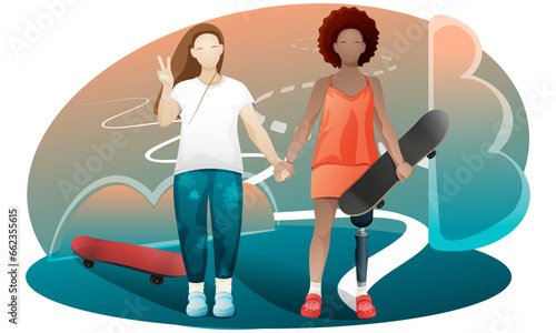 Disabled girl with prosthetic leg skateboarding. Disabled technology and lifestyle. Friendship