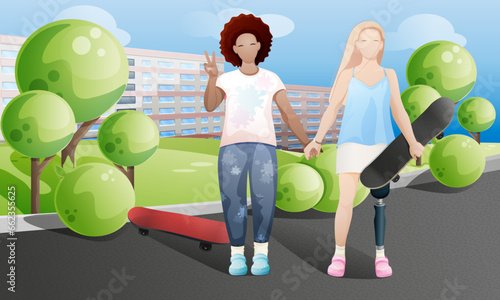 Disabled girl with prosthetic leg skateboarding. Disabled technology and lifestyle. Friendship