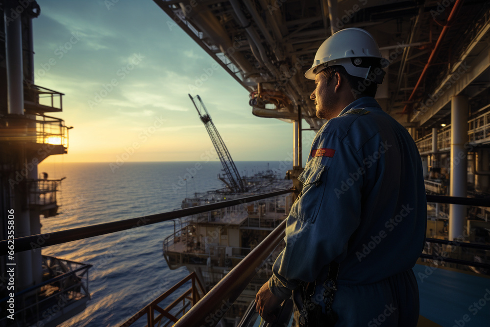 With the ocean stretching to the horizon, a male engineer on the rig's observation deck oversees the safety protocols and operations on the offshore platform. 