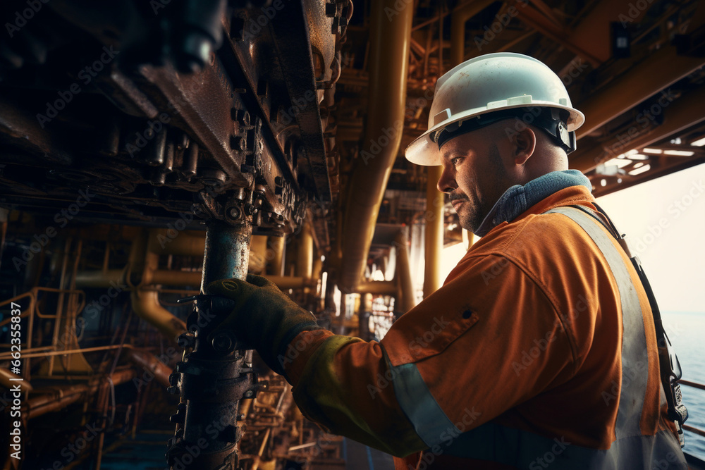 A male engineer conducts routine maintenance on the oil rig's derrick, ensuring that it remains in optimal condition for drilling operations in the open sea. A male engineer conducts routine maintenance on the oil rig's derrick, ensuring that it remains in optimal condition for drilling operations in the open sea.
