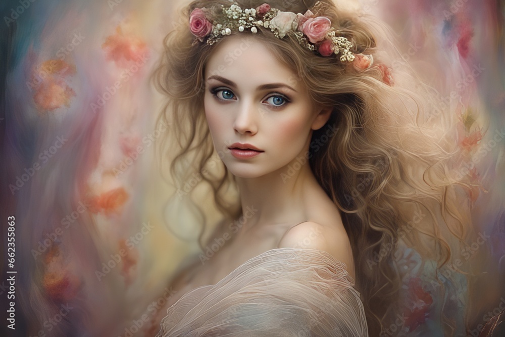 beautiful woman with flowers beautiful woman with flowers beautiful young woman with a long blonde hair, with flowers and a crown in her head. beauty and nature. fashion art style. 
