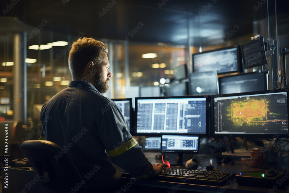 A male engineer in the rig's control room reviews real-time data and communicates with the drilling team, ensuring that oil extraction remains efficient and safe. A male engineer in the rig's control room reviews real-time data and communicates with the drilling team, ensuring that oil extraction remains efficient and safe.