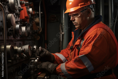 Deep within the oil rig's engine room, a male engineer troubleshoots and performs maintenance on the machinery that powers the drilling operation. 