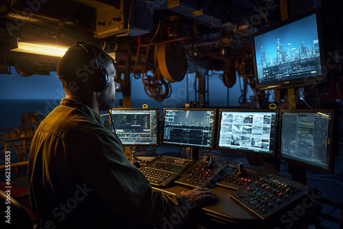 On the oil rig's elevated platform, a male engineer analyzes data on a computer screen, monitoring the drilling progress and making real-time adjustments. 