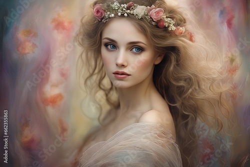 beautiful woman with flowers beautiful woman with flowers beautiful young woman with a long blonde hair, with flowers and a crown in her head. beauty and nature. fashion art style. 