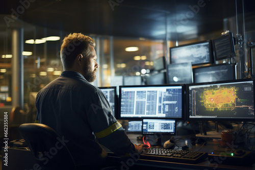 A male engineer in the rig's control room reviews real-time data and communicates with the drilling team, ensuring that oil extraction remains efficient and safe. 