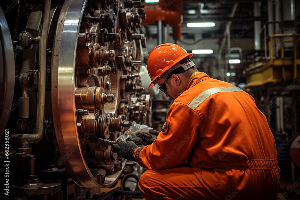 In the heart of the oil rig, a male engineer supervises the operation ...