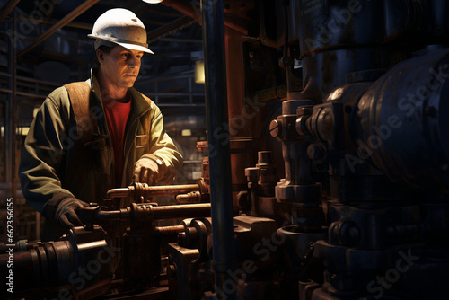 In the heart of the drilling station, a skilled worker expertly controls the massive drilling machinery as it delves deep into the Earth in search of oil reserves. 