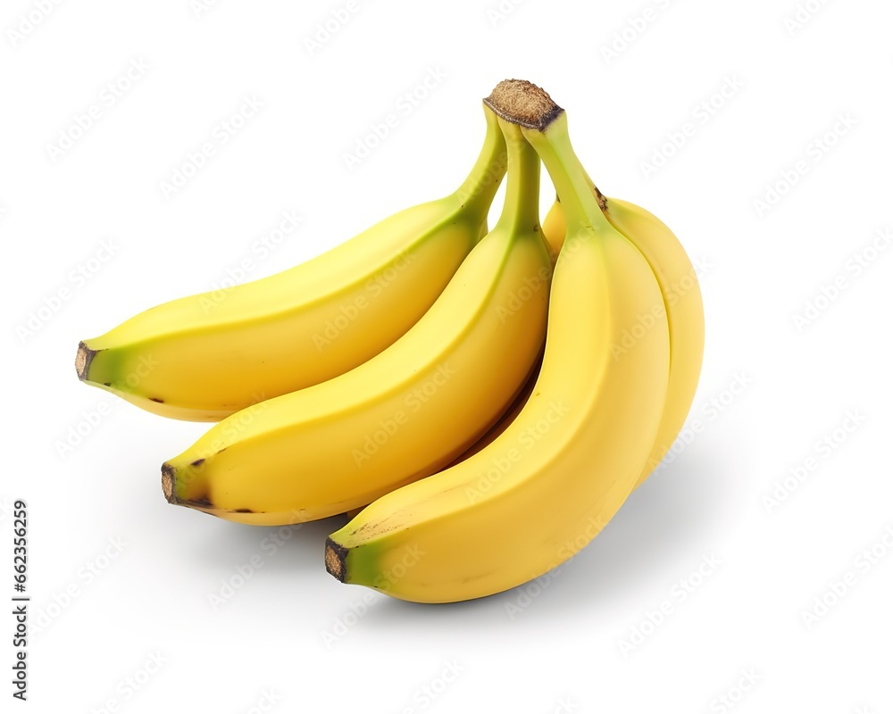 Yellow and fresh bananas are tempting to eat in the photo on a white background. generative AI Yellow and fresh bananas are tempting to eat in the photo on a white background. generative AI