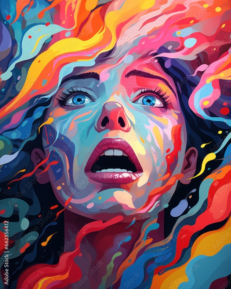Young female facing her biggest fears, digital illustration woman's portrait.