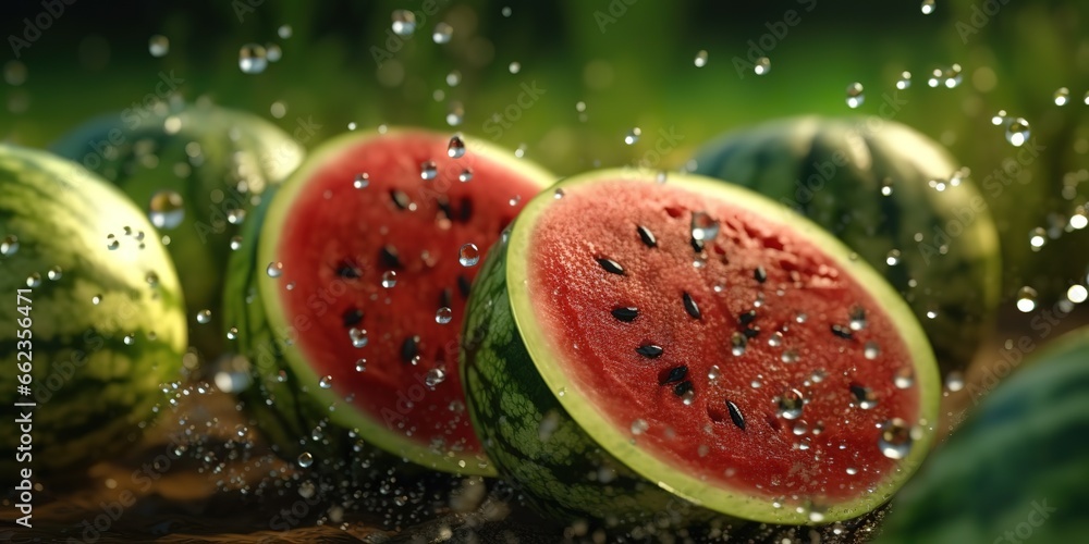 A fresh watermelon fell into the clear water against a black background. generative AI A fresh watermelon fell into the clear water against a black background. generative AI