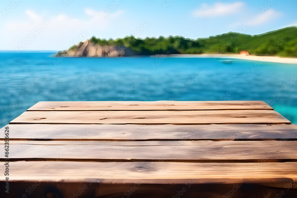 wooden-table-on-the-background-of-the-sea-island-and-the-blue-sky-high-quality-photo Generative AI wooden-table-on-the-background-of-the-sea-island-and-the-blue-sky-high-quality-photo Generative AI