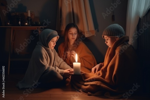 family sits wrapped in blanket with burning candles, cold home, shutdown of heating electricity, power outage, blackout, load shedding energy crisis