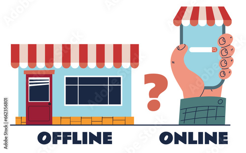 Choose VS online offline shop business store commerce market concept. Vector flat graphic design illustration