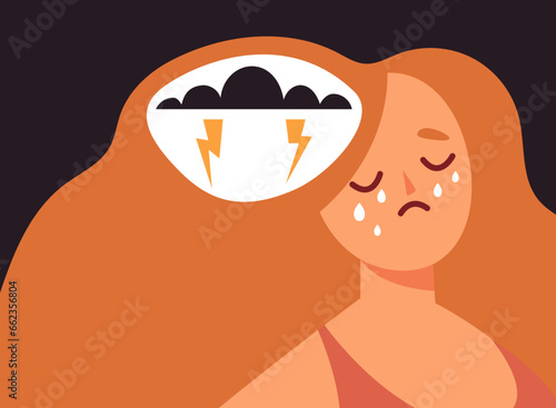 Sad mental grief woman girl loneliness anxiety feel confused stress concept. Vector flat graphic design illustration