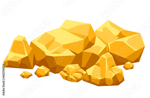 Gold mine stone rock game golden pile treasure isolated concept. Vector flat graphic design illustration