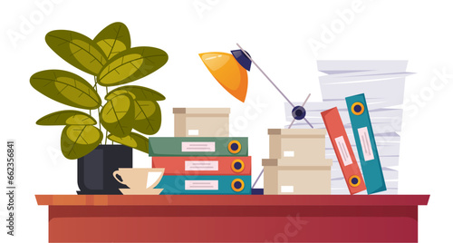 Messy desk office paper table file folder mess concept. Vector flat graphic design illustration
