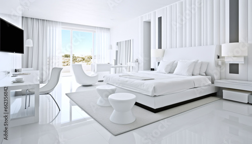 Within a beige-brown bedroom, contemporary white air purifier and dehumidifier devices accompany a gray-adorned bed, while gentle sunlight filters through tropical palm trees, casting a serene pattern © wiizii