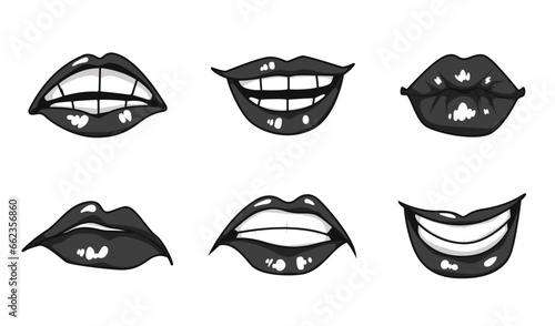 Woman girl lips mouth kiss smile lipstick black white isolated set. Vector flat graphic design illustration