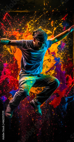 Young male parkourist jumping with paint on a colored background. Drops of bright colored splashes of paint. Vertical image of a guy dressed in casual clothes in color coloring.