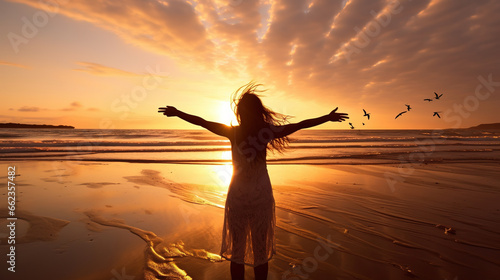 Backlit from behind calm happy free woman with open arms enjoying a beautiful moment life on the seashore at sunset