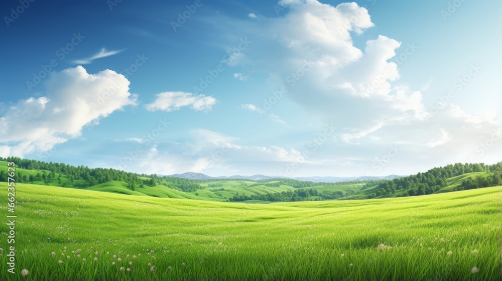 landscape green field and blue sky with clouds