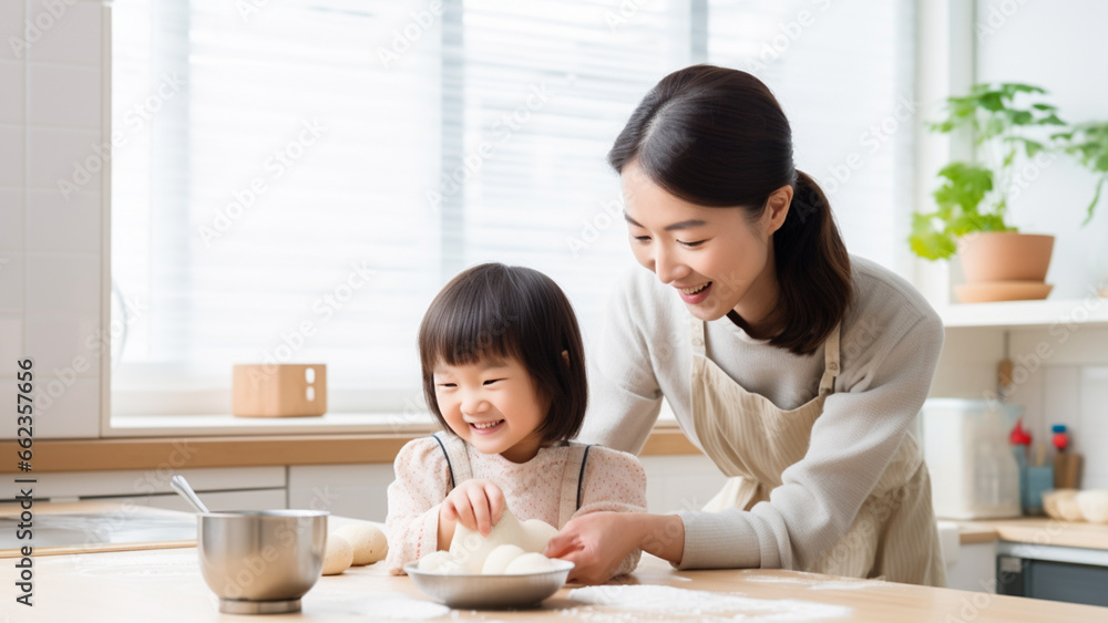 バレンタインに母親とお菓子作りをする子ども