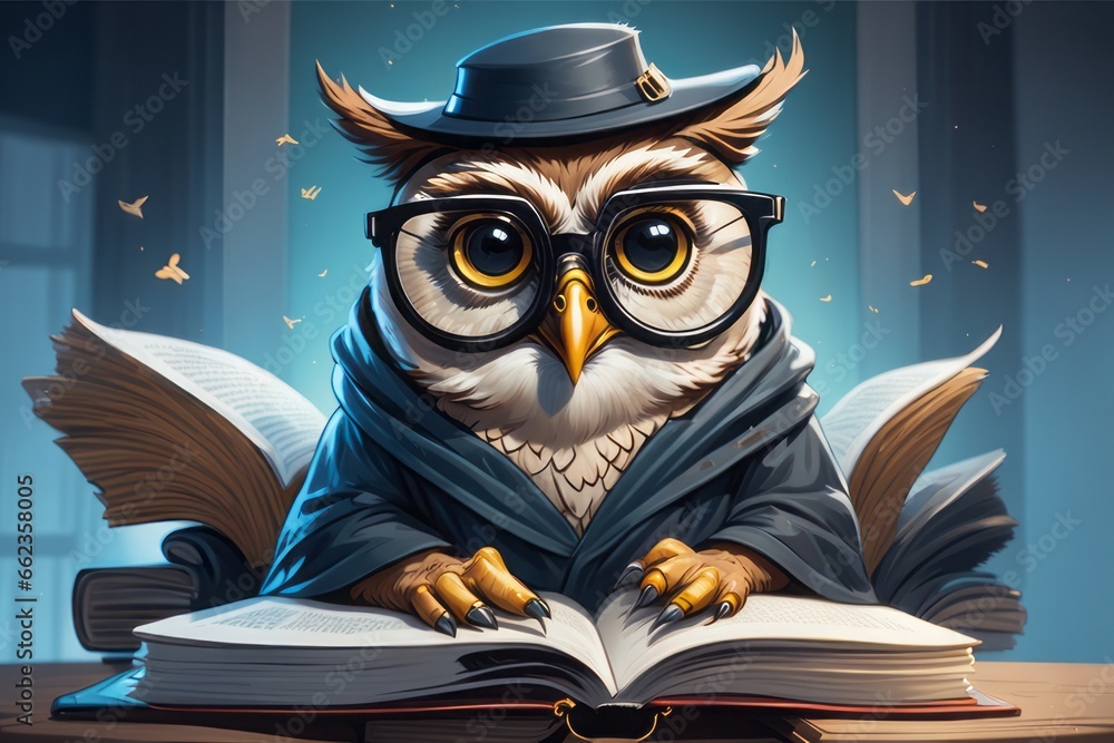 owl with a golden owl owl with a golden owl illustration of an owl with glasses and a hat on a table