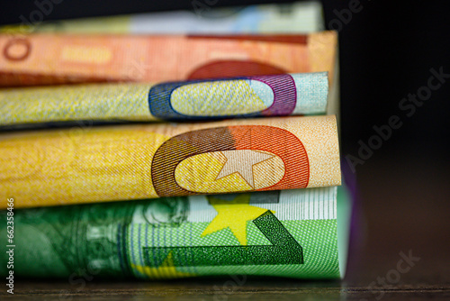 Euro bills close up. Close up shot of 50 and 20 euro bank notes. High quality photo