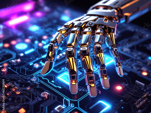 Ai, 3D rendering, Robot fingers touching semiconductor chip. neon and holographic lightning effect, electronics vibe, electric flow, electric circuit diagram on background, technology,