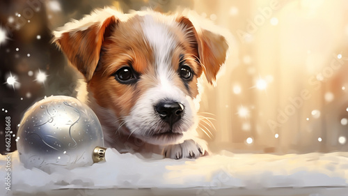 Puppy on a Christmas background, Christmas balls, sparkles, New Year, Christmas background