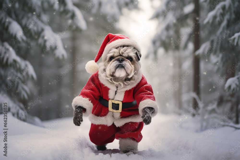 dog dressed as santa claus