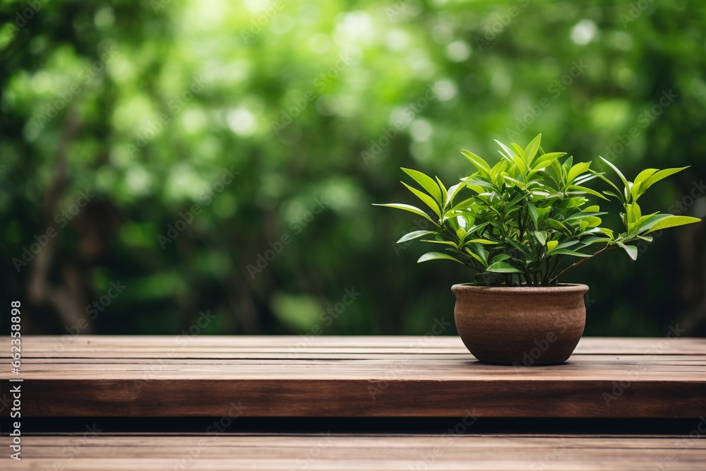 A plant set against the backdrop of a wooden platform, creating a harmonious scene. Created with generative AI tools A plant set against the backdrop of a wooden platform, creating a harmonious scene. Created with generative AI tools
