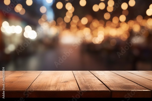 An image of a wooden table set against an abstract  blurred background of restaurant lights  creating an atmospheric ambiance. Created with generative AI tools