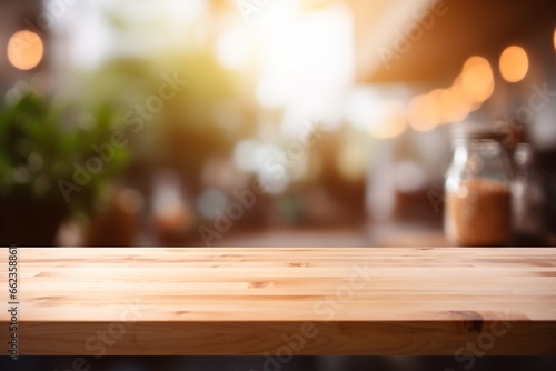 A light-colored wooden table top with a blurred background of a warm and inviting restaurant or bar. Created with generative AI tools