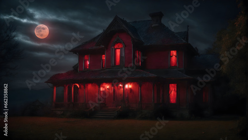 Under the blood-red moonlight, a Halloween house morphs into a scary haunted mansion, its windows aglow with an unearthly radiance. Inside,exuding an aura of paranormal power. 