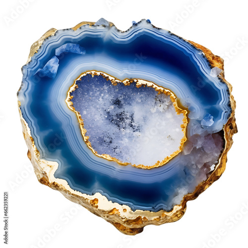 Blue Agate Geode Cut in Half Close-Up Isolated on Transparent or White Background, PNG