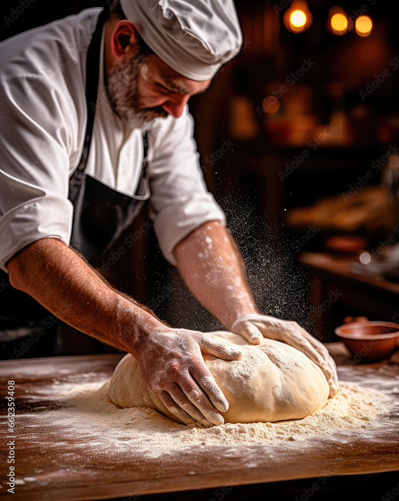The chef kneads the dough. Making dough with your hands in a bakery. Generative AI