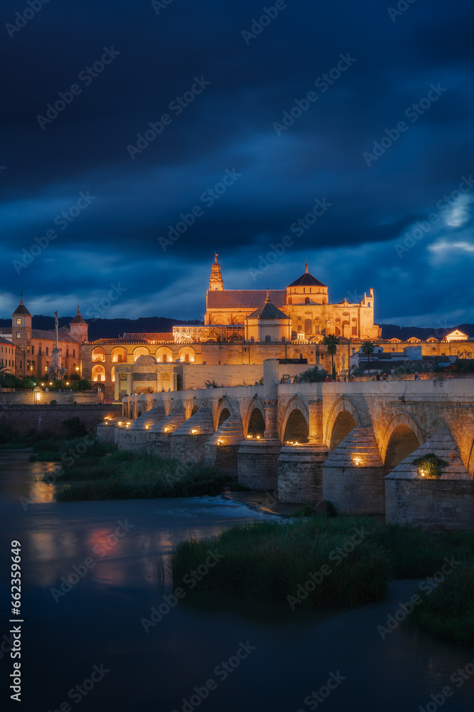 The Mezquita Cathedral in Cordoba, cityscape with the Roman bridge in foreground, Cordoba, Spain