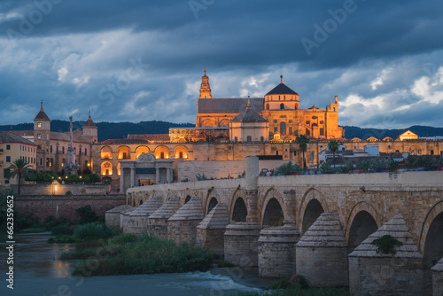 The Mezquita Cathedral in Cordoba, cityscape with the Roman bridge in foreground, Cordoba, Spain